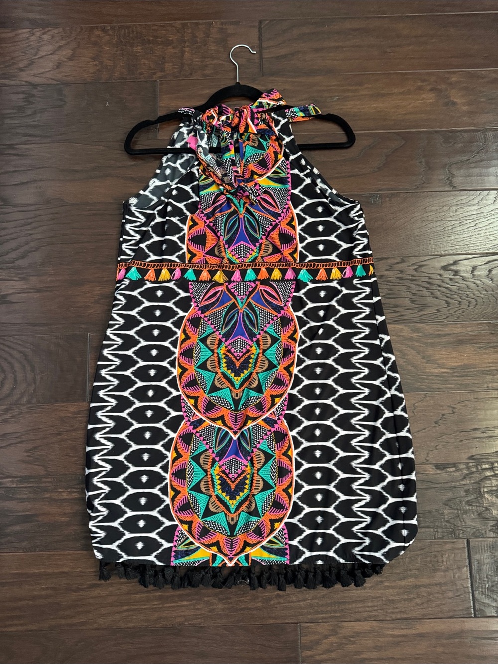 INC International Concepts Mini Dress Black Large Halter with Neon Tribal Motif - Picture 11 of 11